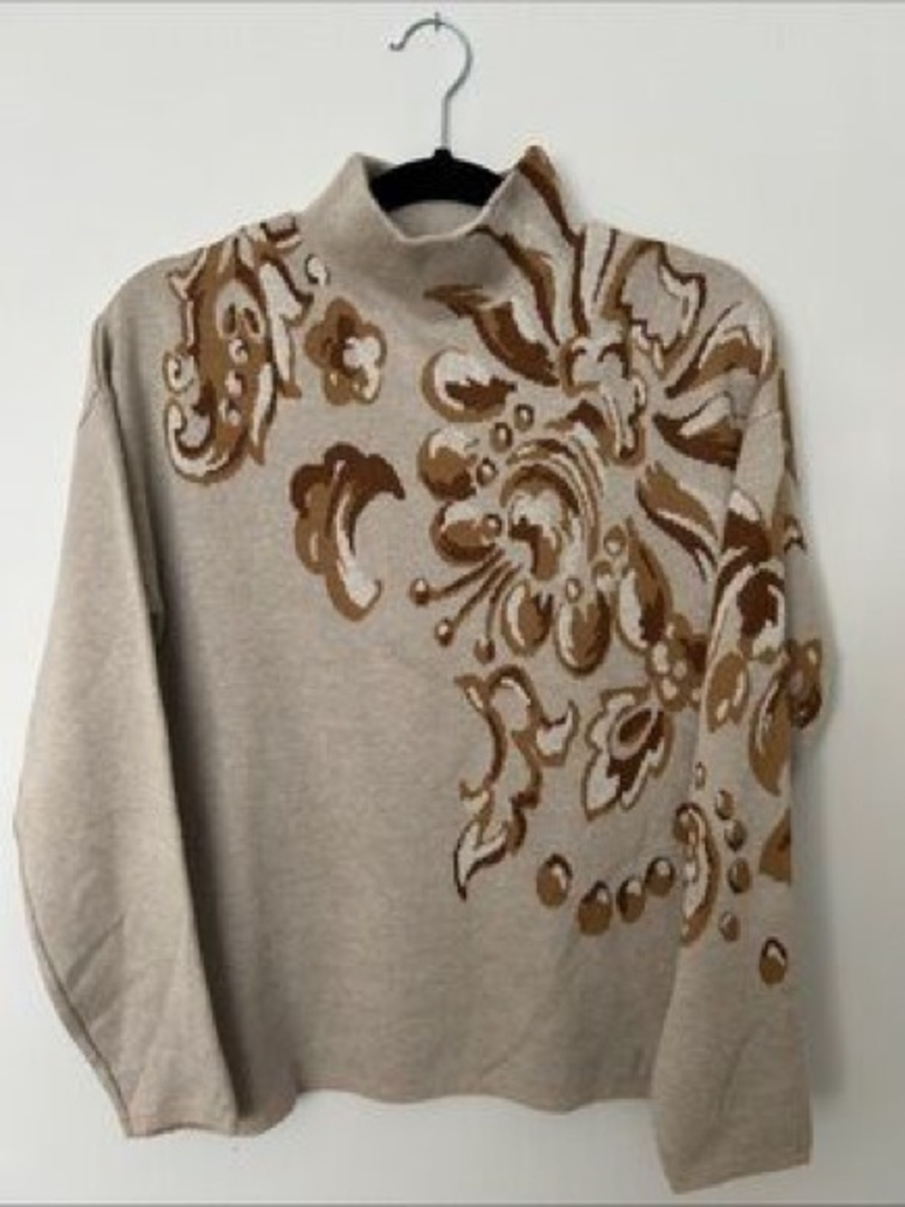 Neutral Floral Turtleneck Sweater in Beige and Brown